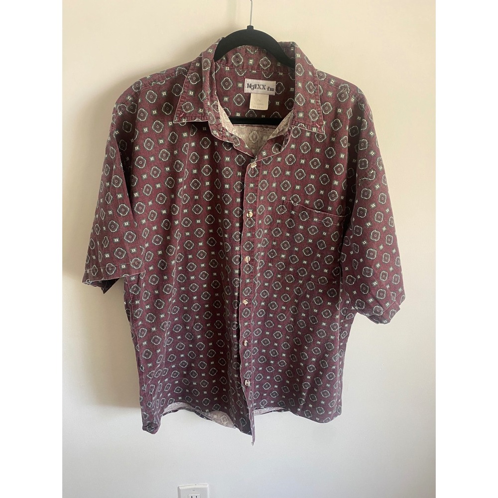 Maxx fm Vintage‎ Mens XL Burgundy Geometric Medallion Cotton Shirt Short Sleeve